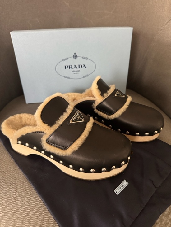 Prada Shoes - Prada logo Black Leather Stud Shearling Lined Clog, 45mm
